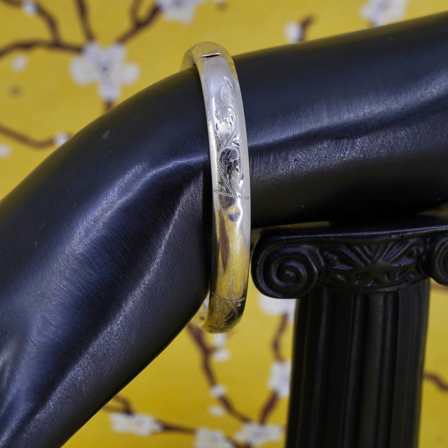 7.25", antique sterling silver handmade bracelet, textured 925 hinged bangle