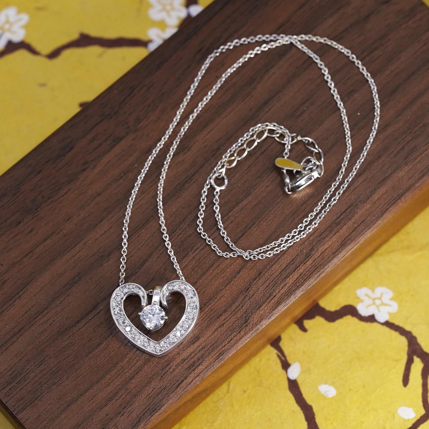 16+2", vintage Sterling silver necklace, 925 circle chain cluster heart pendant