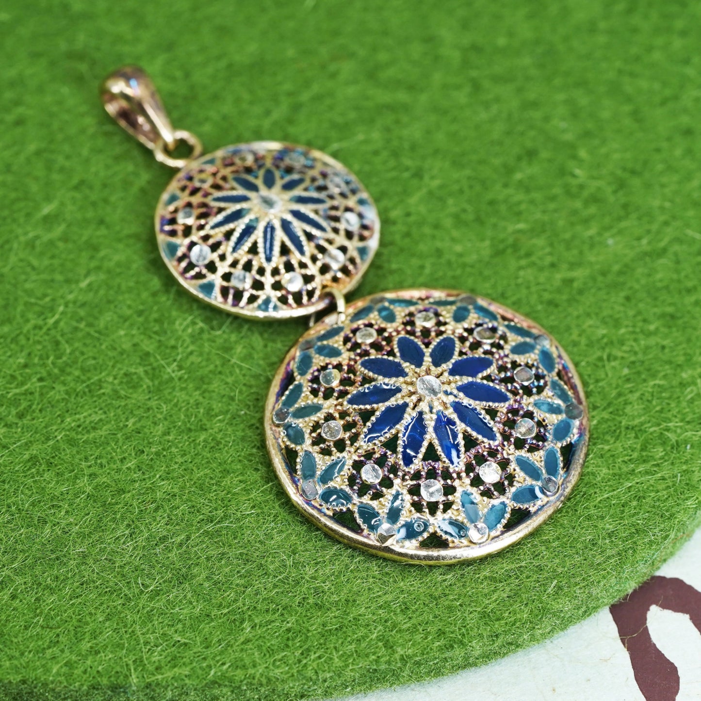 Italian Vermeil gold over Sterling silver pendant, 925 Filigree circle enamel