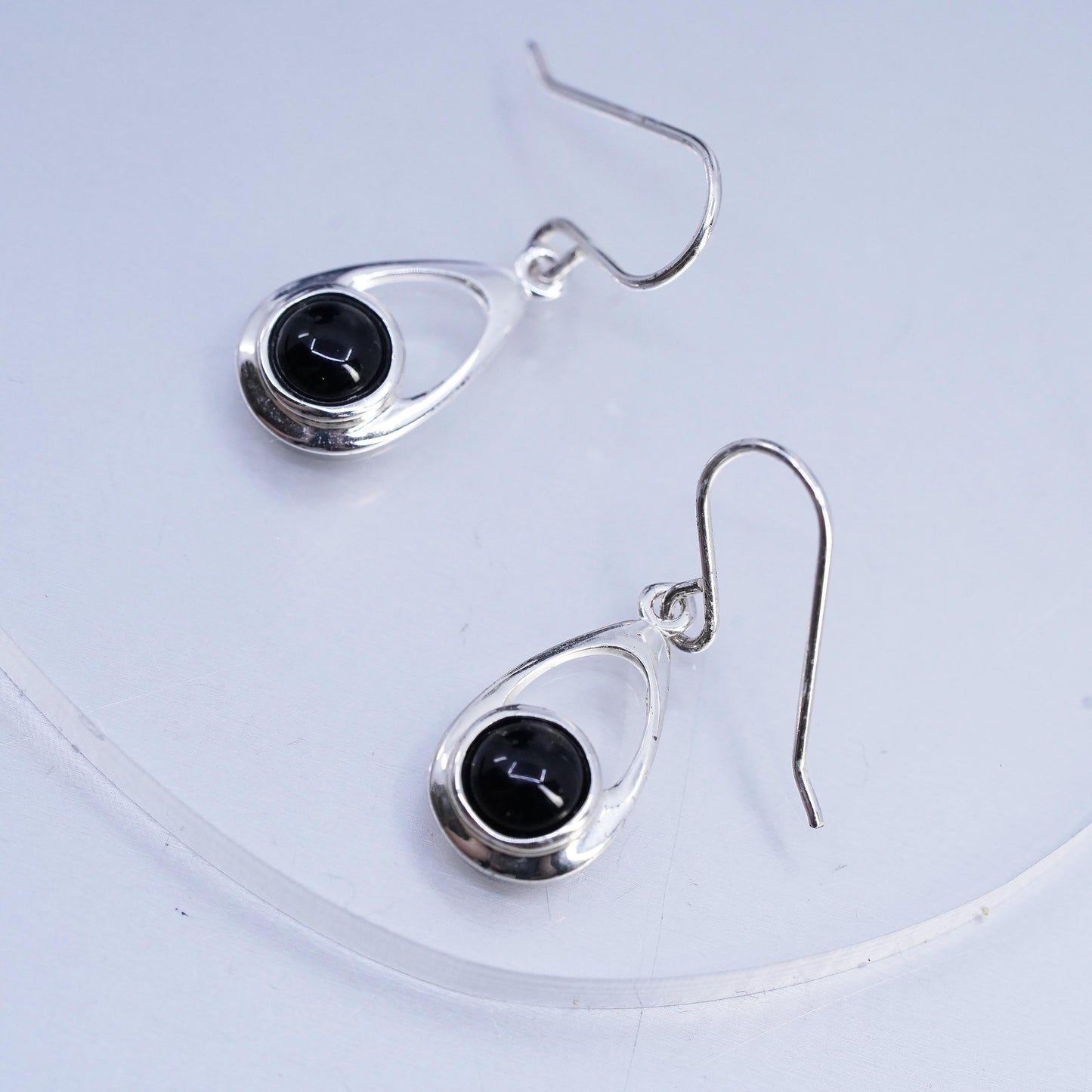 Vintage Sterling 925 silver handmade teardrop earrings with black onyx