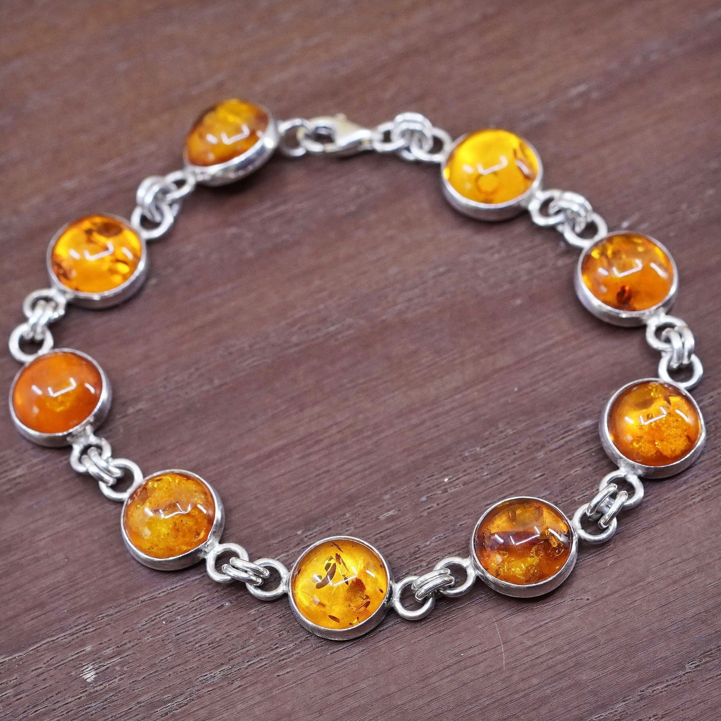 7.25”, vintage Sterling 925 silver handmade bracelet with amber inlay