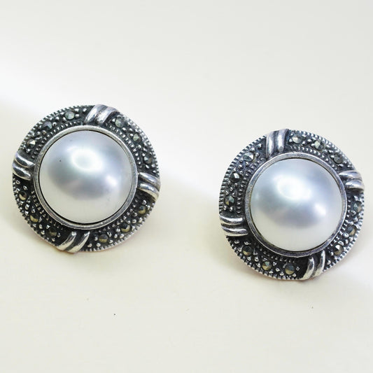 Vintage Sterling 925 silver handmade round studs earrings with pearl marcasite