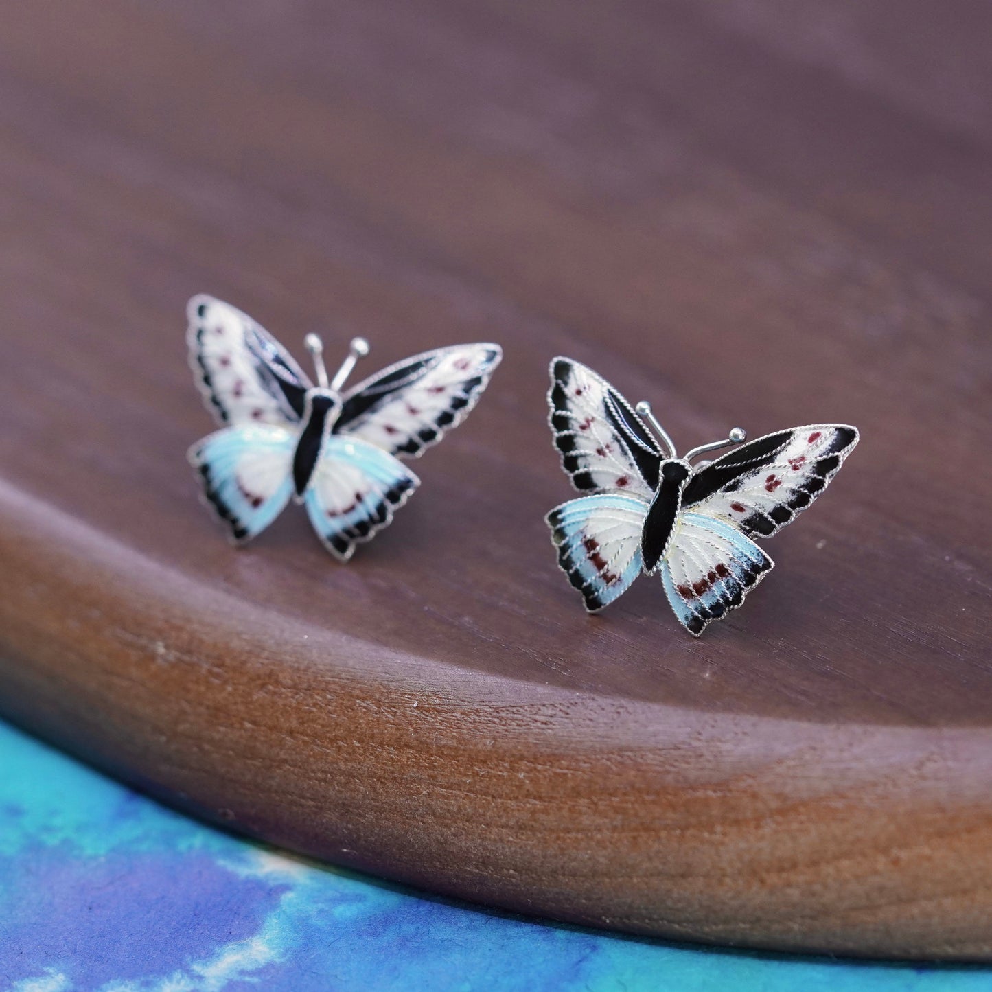 Vintage Sterling silver handmade earrings, 925 enamel butterfly studs