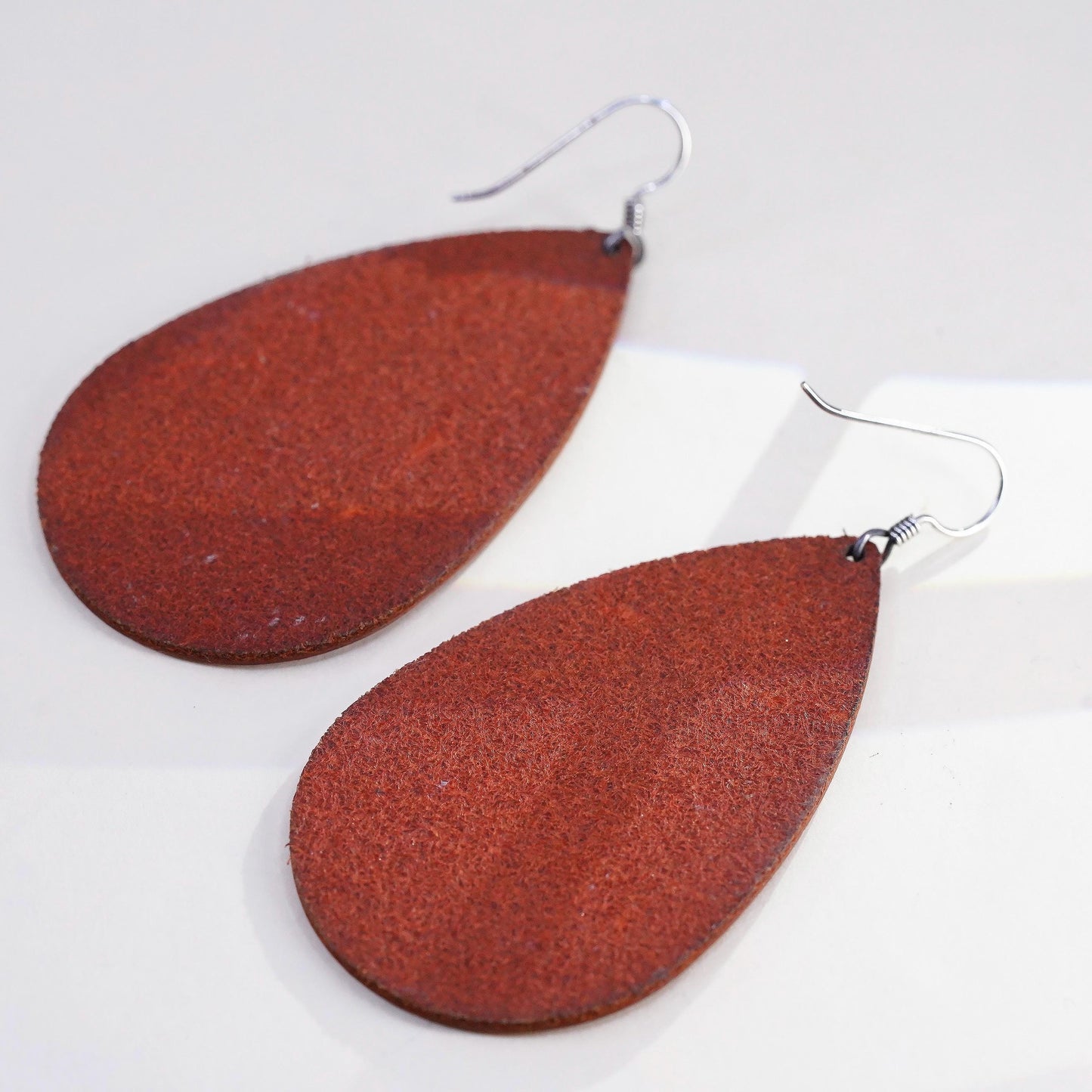 Vintage 925 Sterling Silver handmade Earrings with red leather teardrop