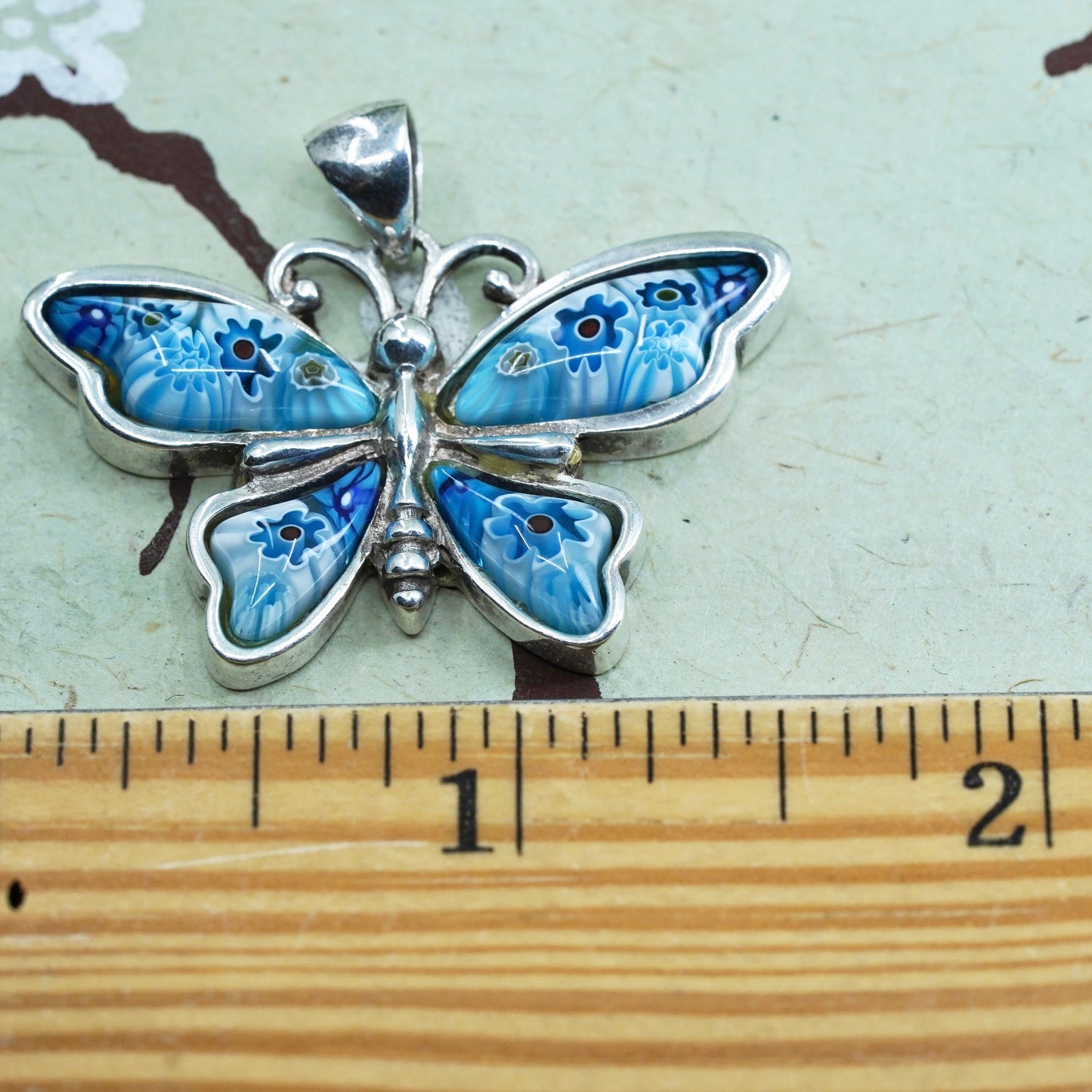 Italian Alan K sterling silver pendant, 925 silver butterfly, blue murano glass