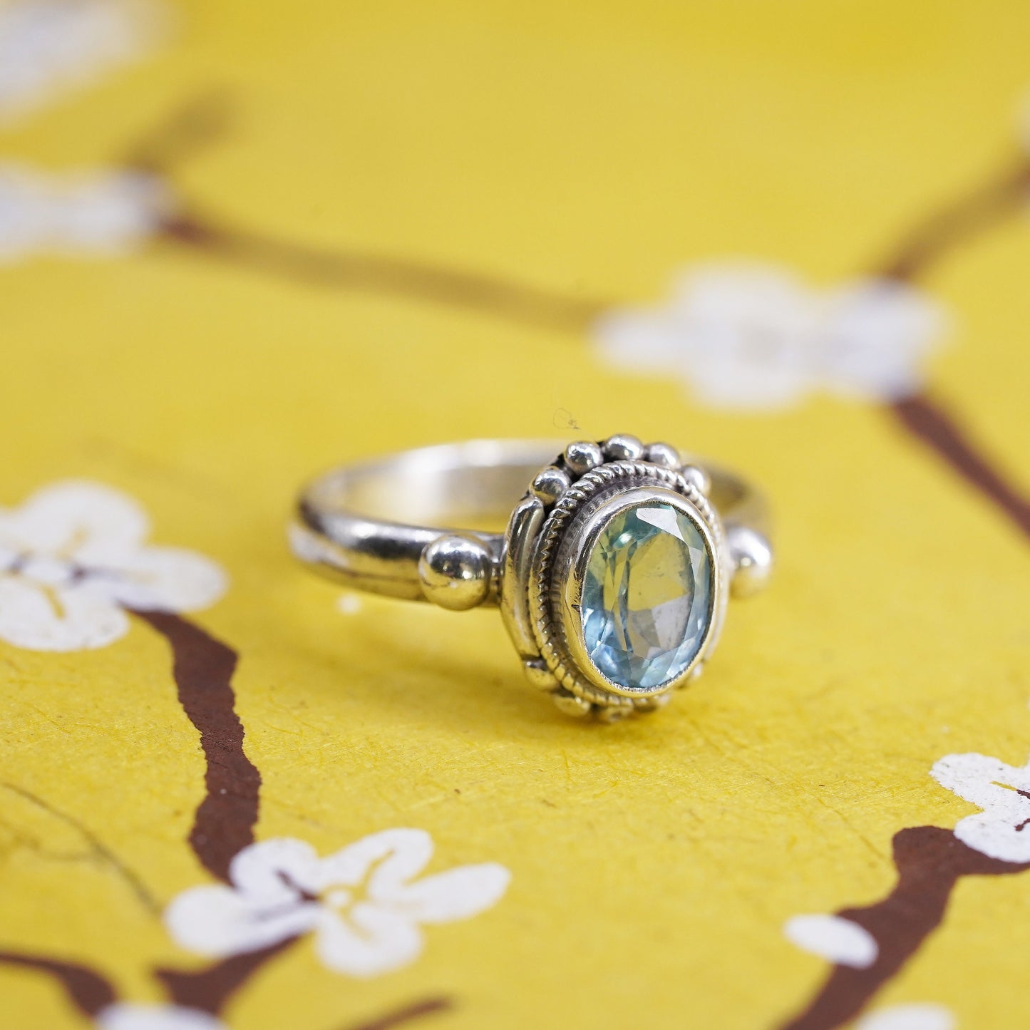 Size 7, vintage Sterling 925 silver handmade beaded ring with blue topaz
