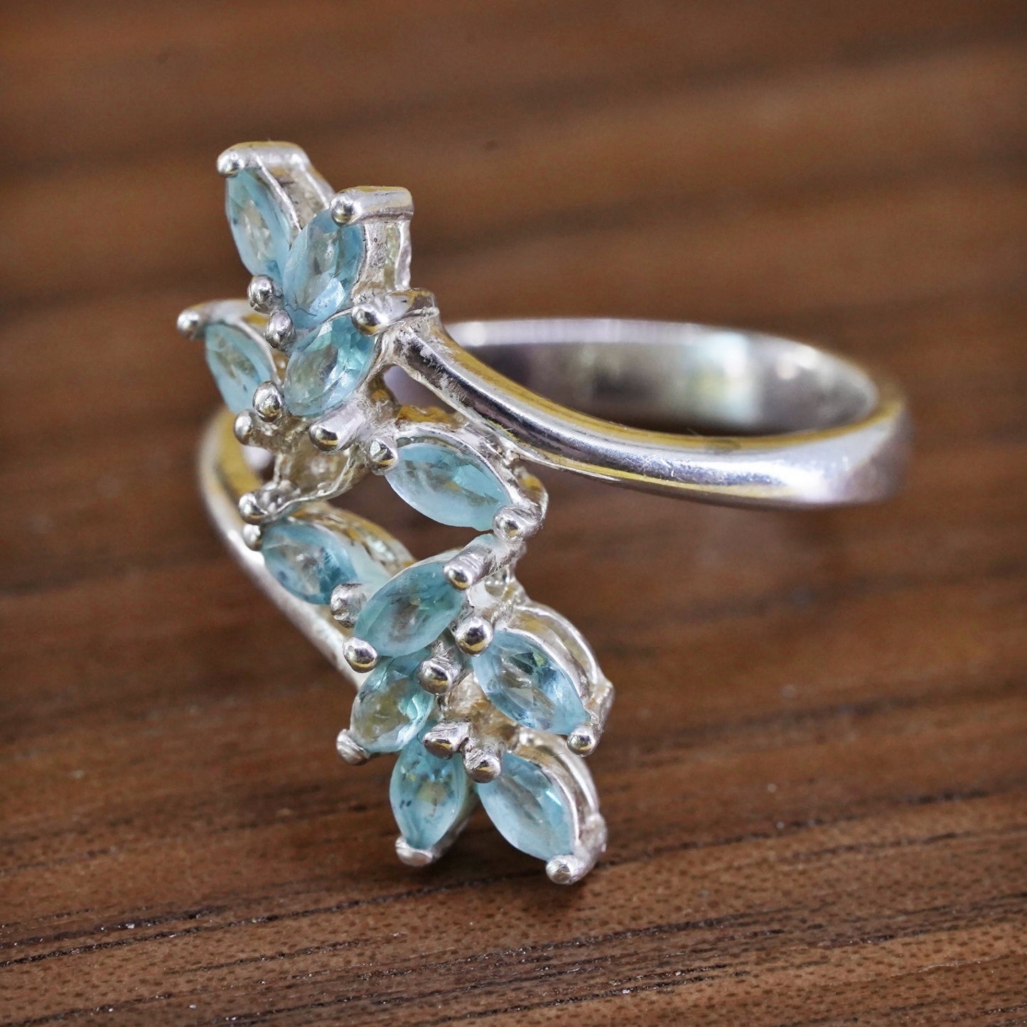 Size 7, Vintage Sterling silver handmade ring, blue crystal flower, 925 band