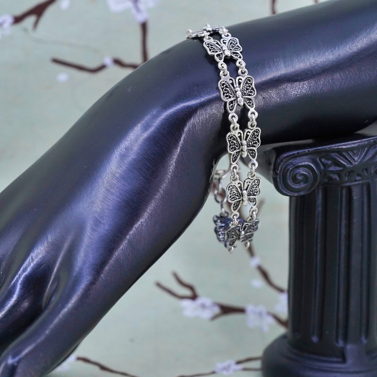 7", Vintage Sterling silver handmade bracelet, 925 silver filigree butterfly