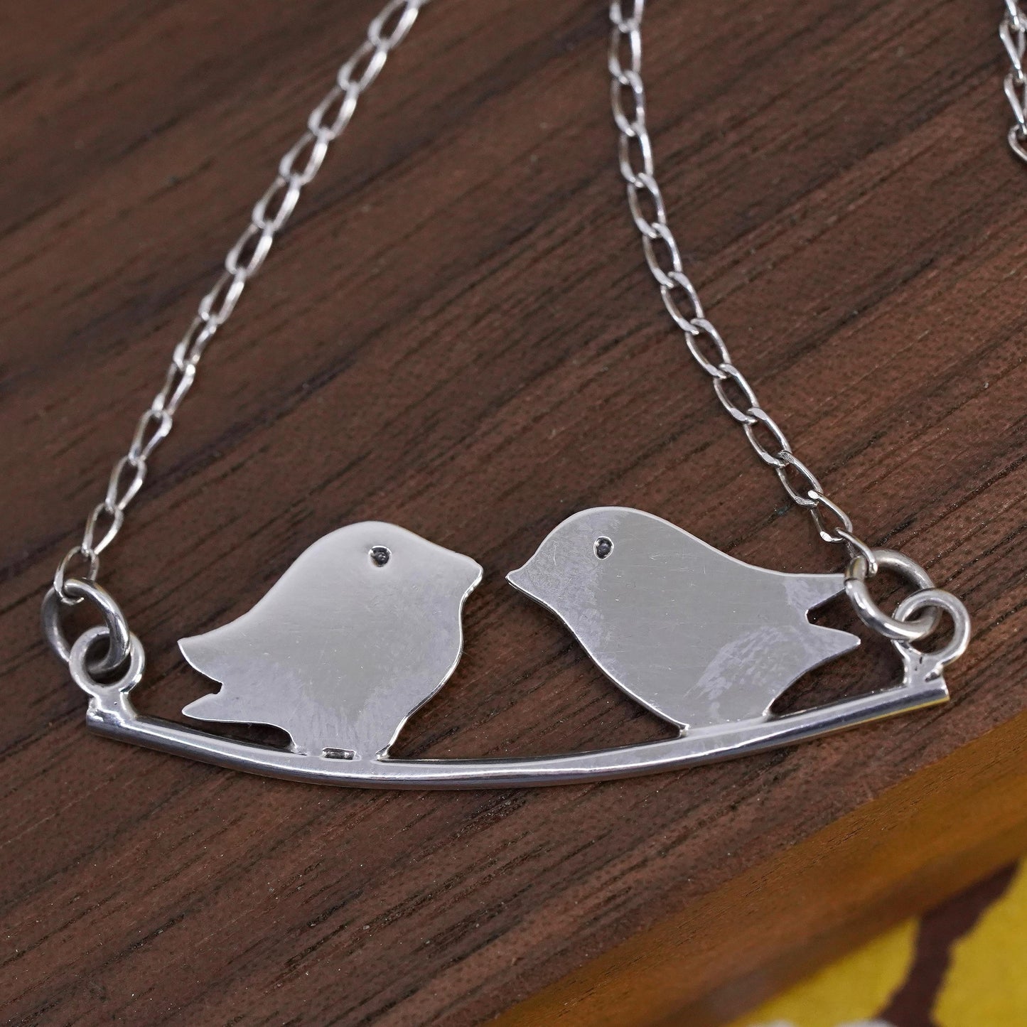 18+2” 1.6mm, vintage Sterling silver necklace, 925 curb chain love bird pendant