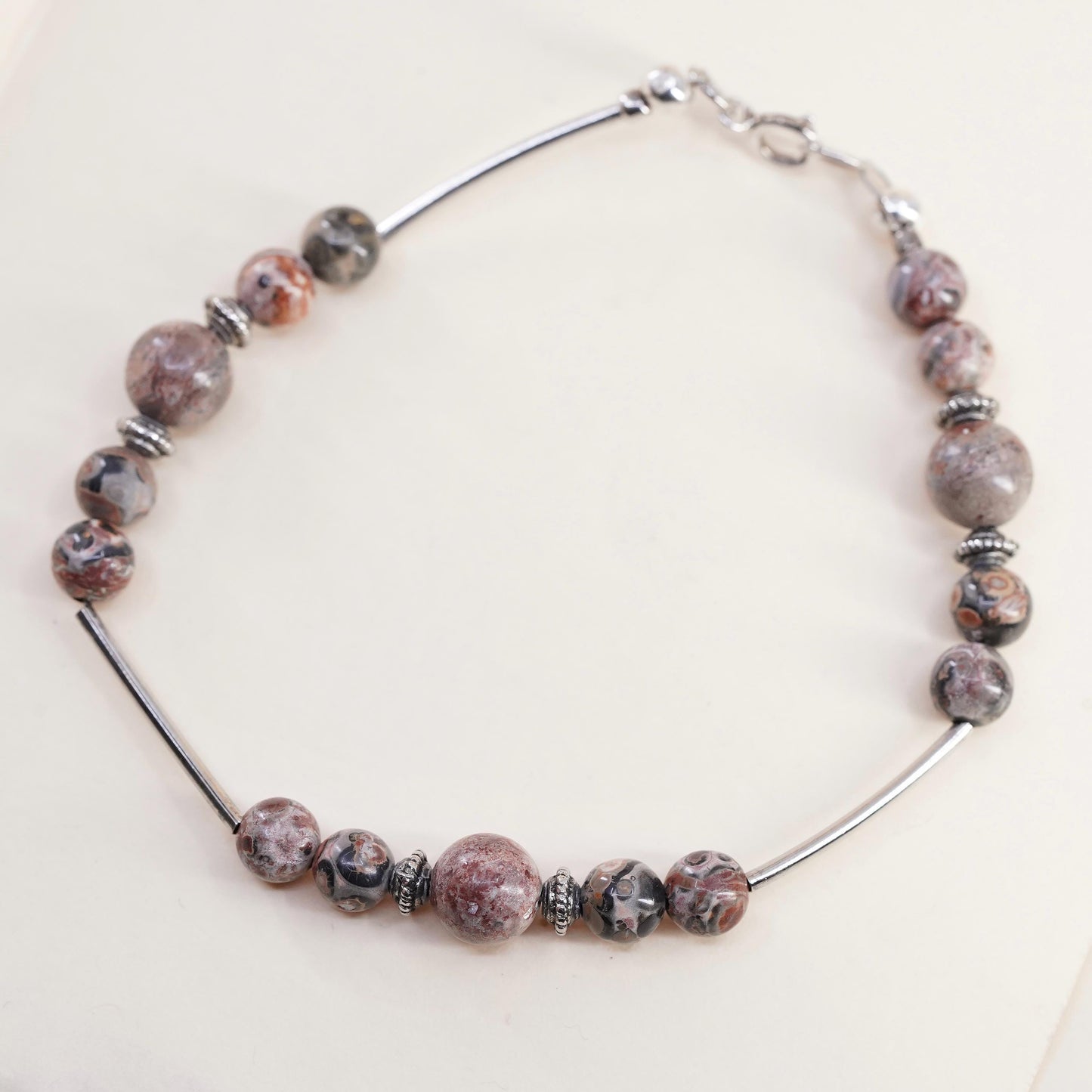 7.75”, Vintage Sterling 925 silver handmade bar bracelet with Jasper beads