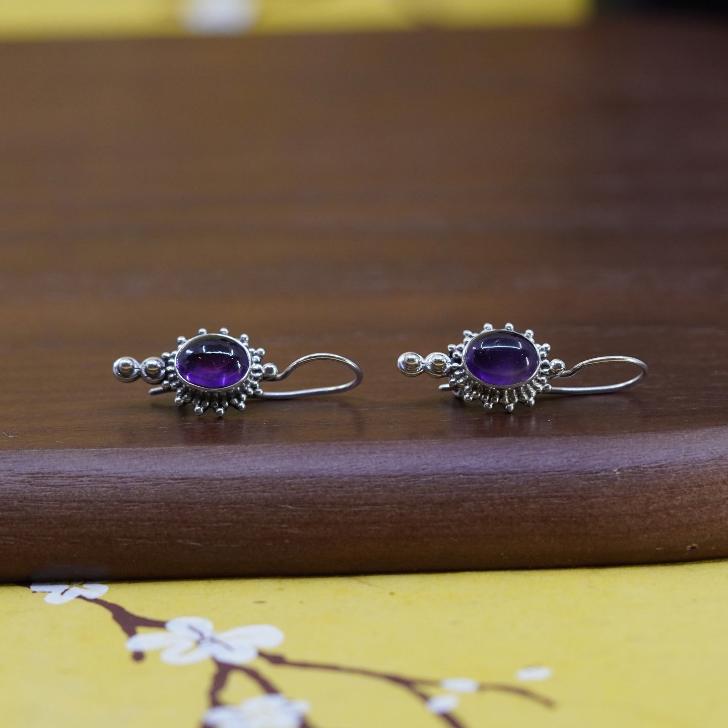 Vintage Sterling silver handmade earrings, 925 dangles with oval amethyst
