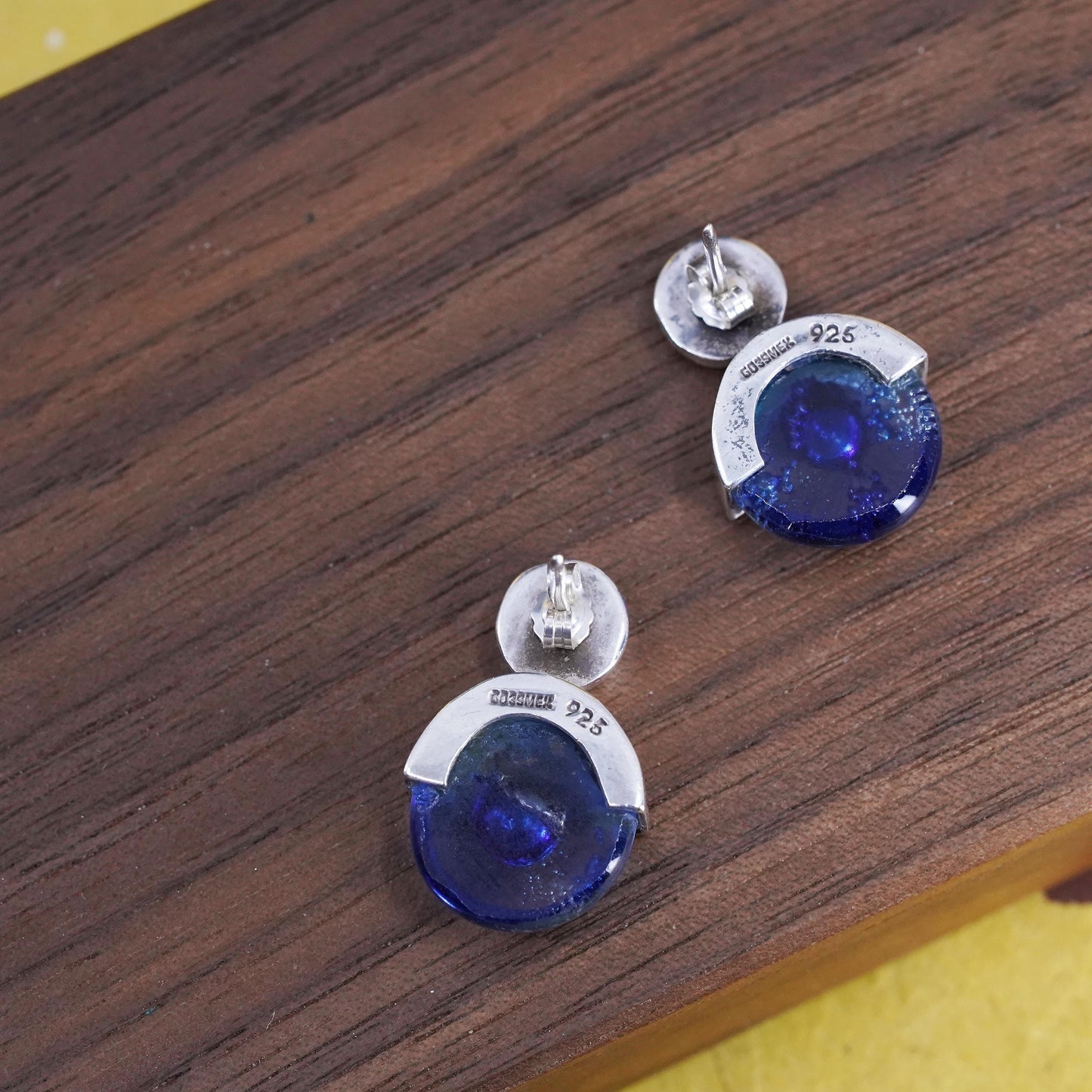 vintage Mexican Sterling silver studs, circle earrings with blue glass