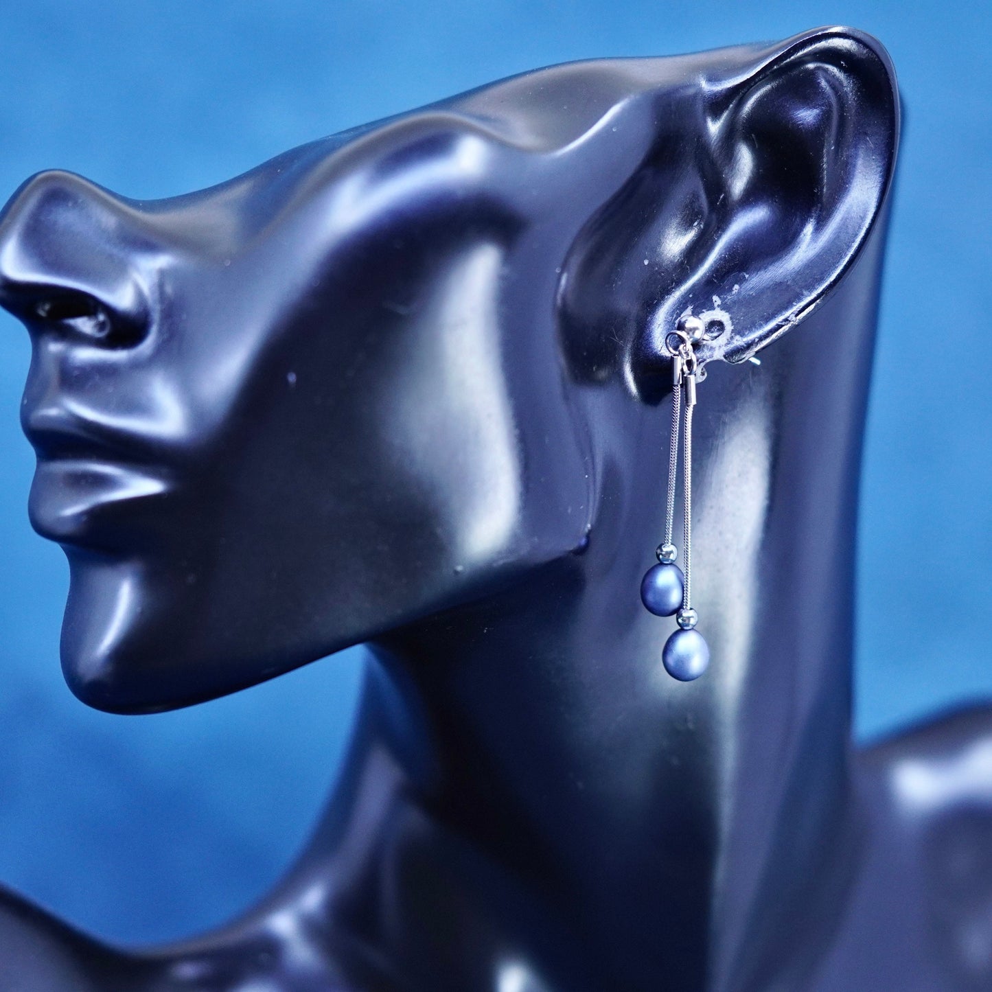 Vintage Sterling silver 925 handmade earrings with black pearl dangles
