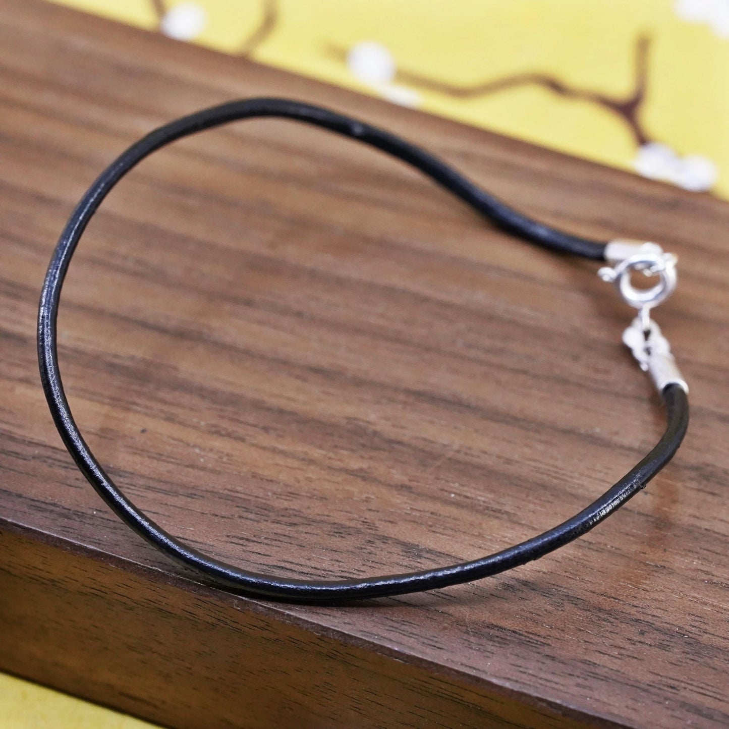 7.75”, vintage black leather bracelet with sterling 925 silver clasp