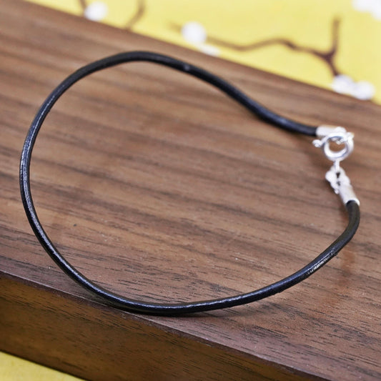 7.75”, vintage black leather bracelet with sterling 925 silver clasp