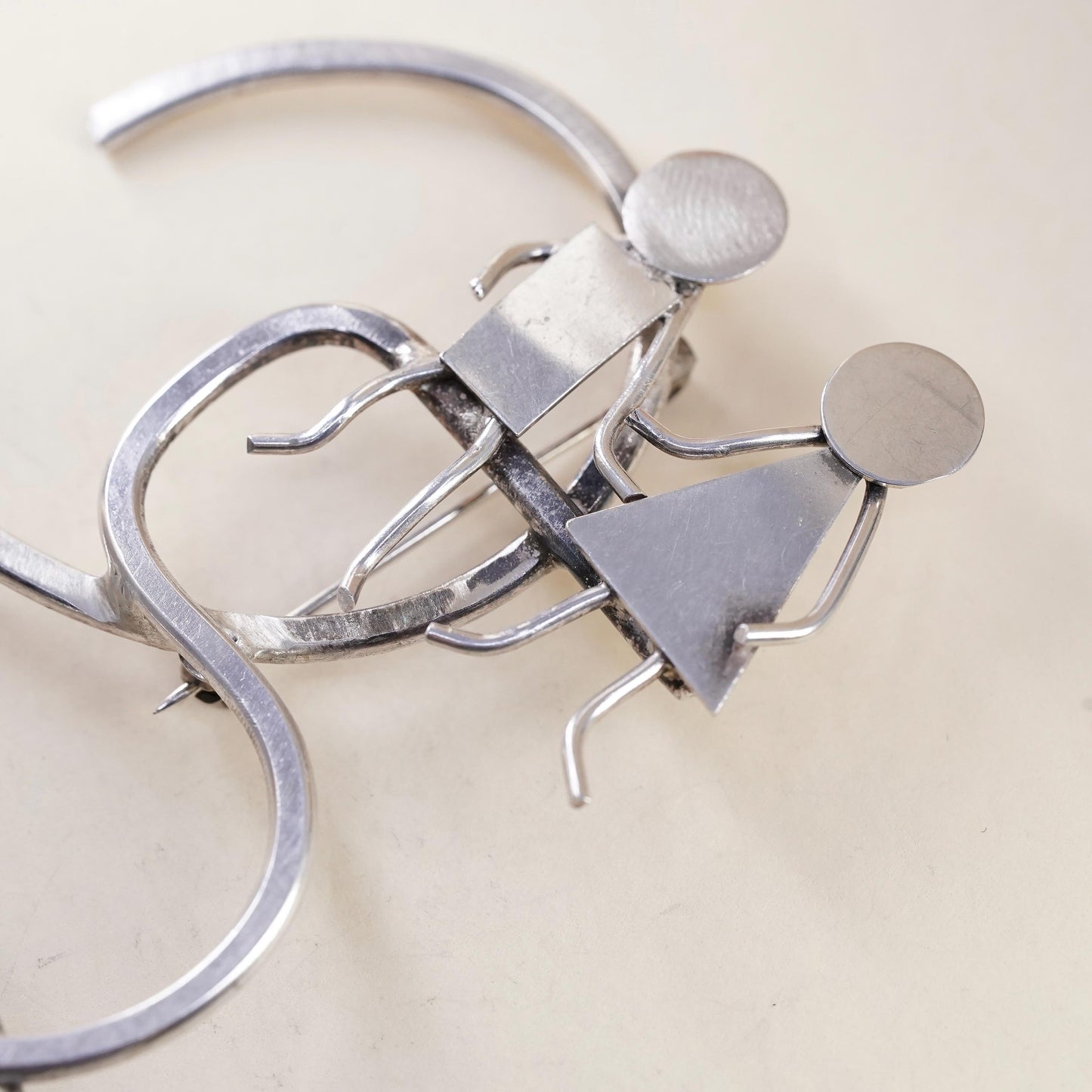 Vintage sterling silver handmade brooch, 925 silver love couple huge brooch