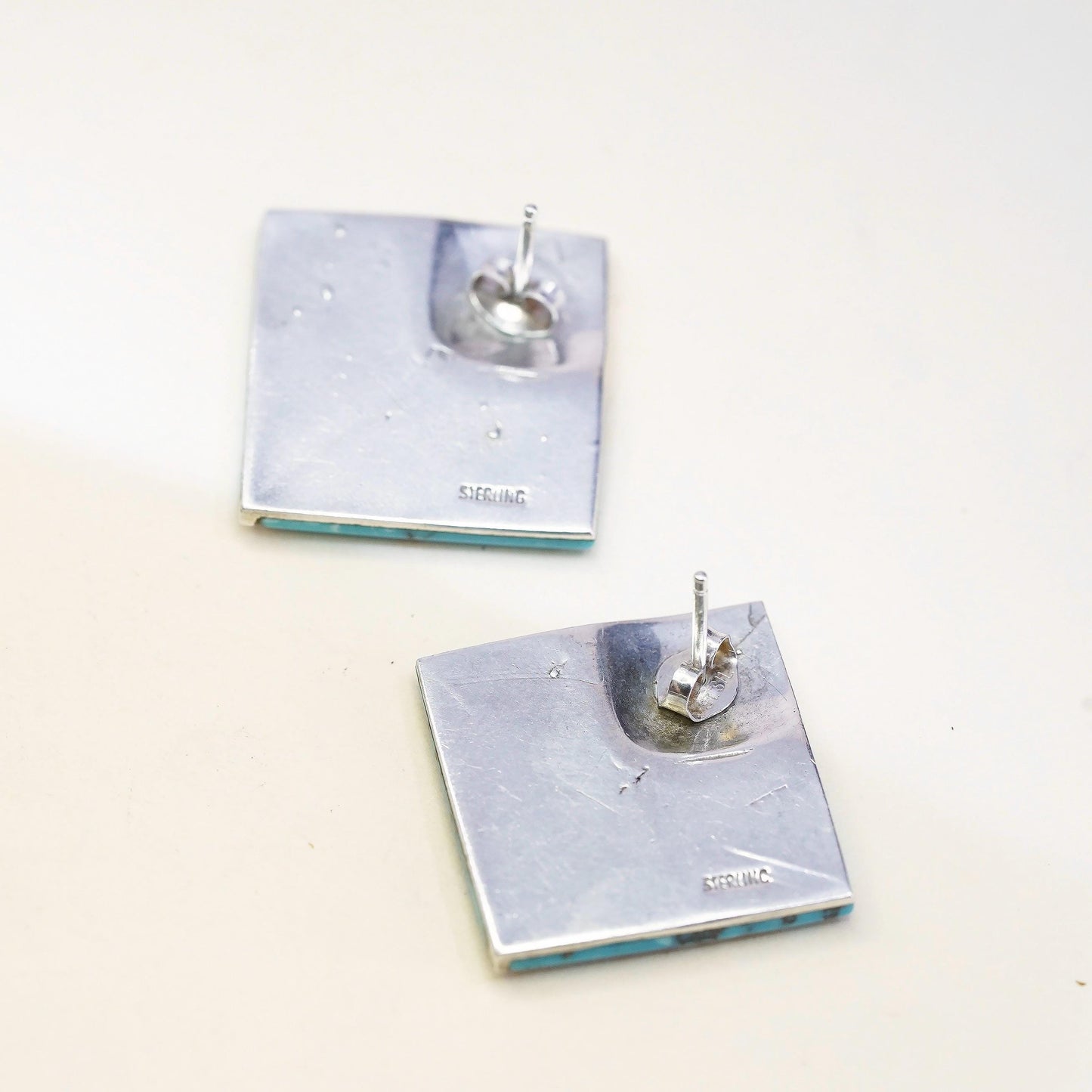 Native American Geometric Sterling silver earrings, 925 square studs turquoise