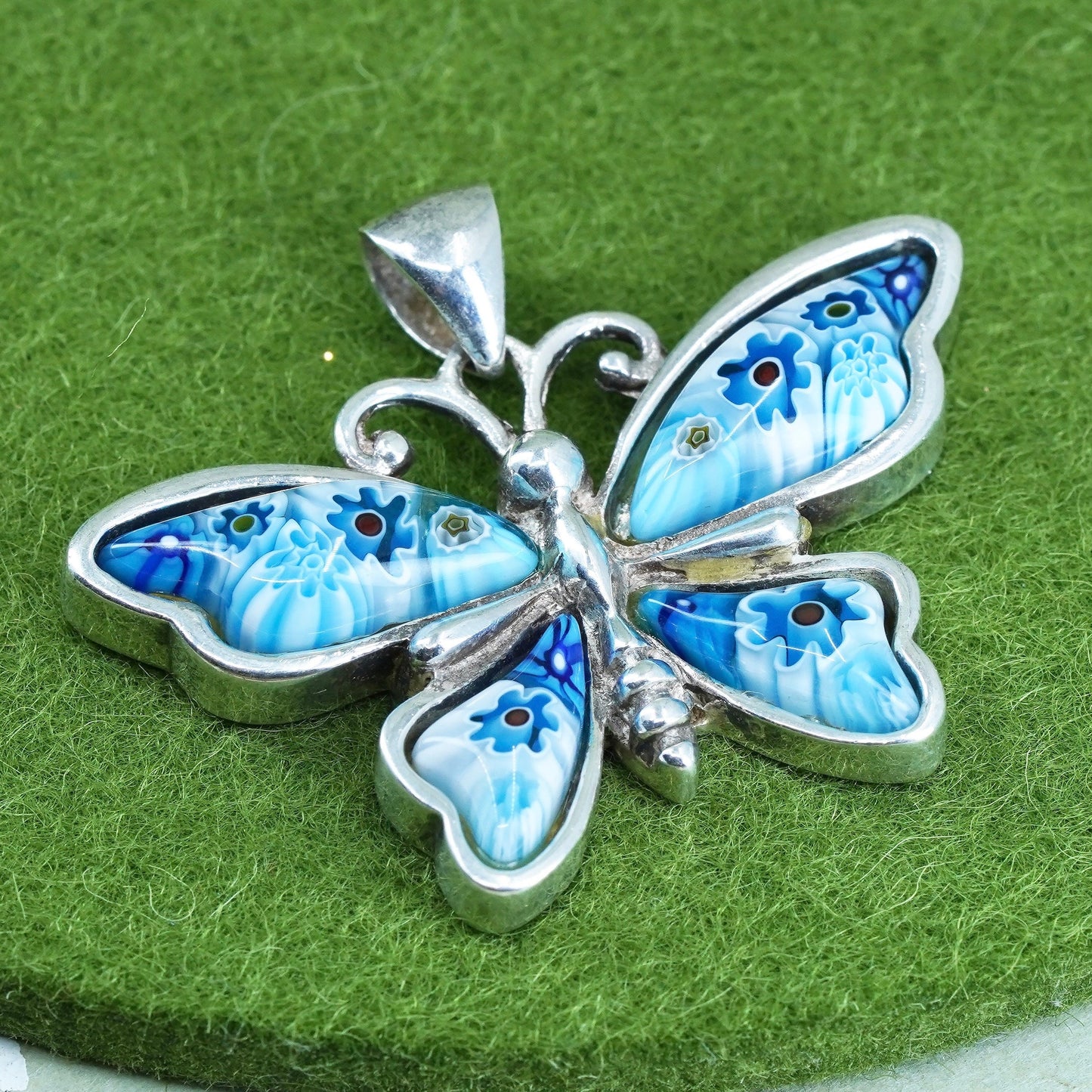 Italian Alan K sterling silver pendant, 925 silver butterfly, blue murano glass