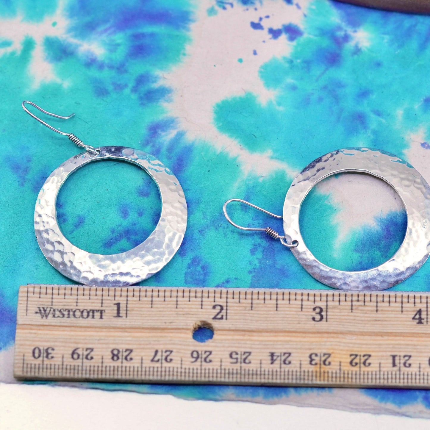 Vintage sterling silver handmade earrings, 925 hammered circle shaped drops