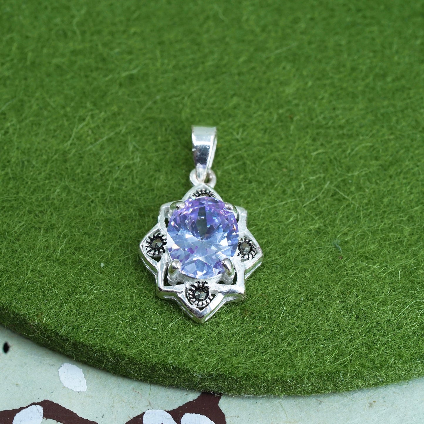 Sterling silver handmade pendant, 925 teardrop with amethyst and marcasite