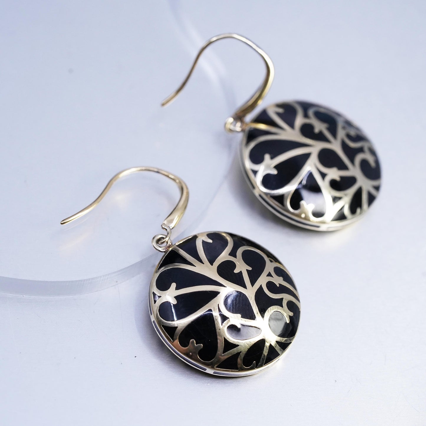 Vintage gold plated Sterling 925 silver circle spiral earrings black enamel