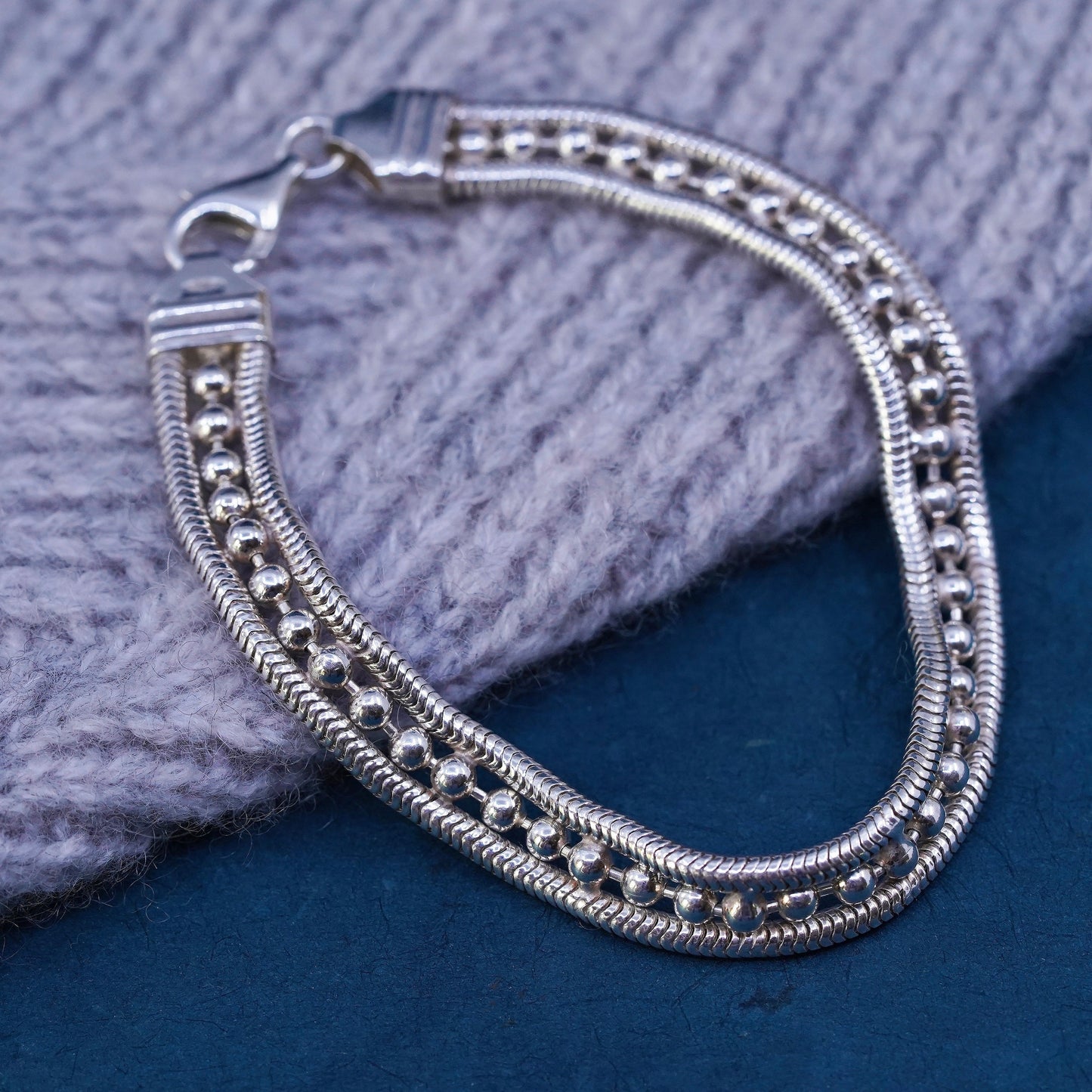 7.25", Sterling silver handmade bracelet, 925 silver snake chain with beads