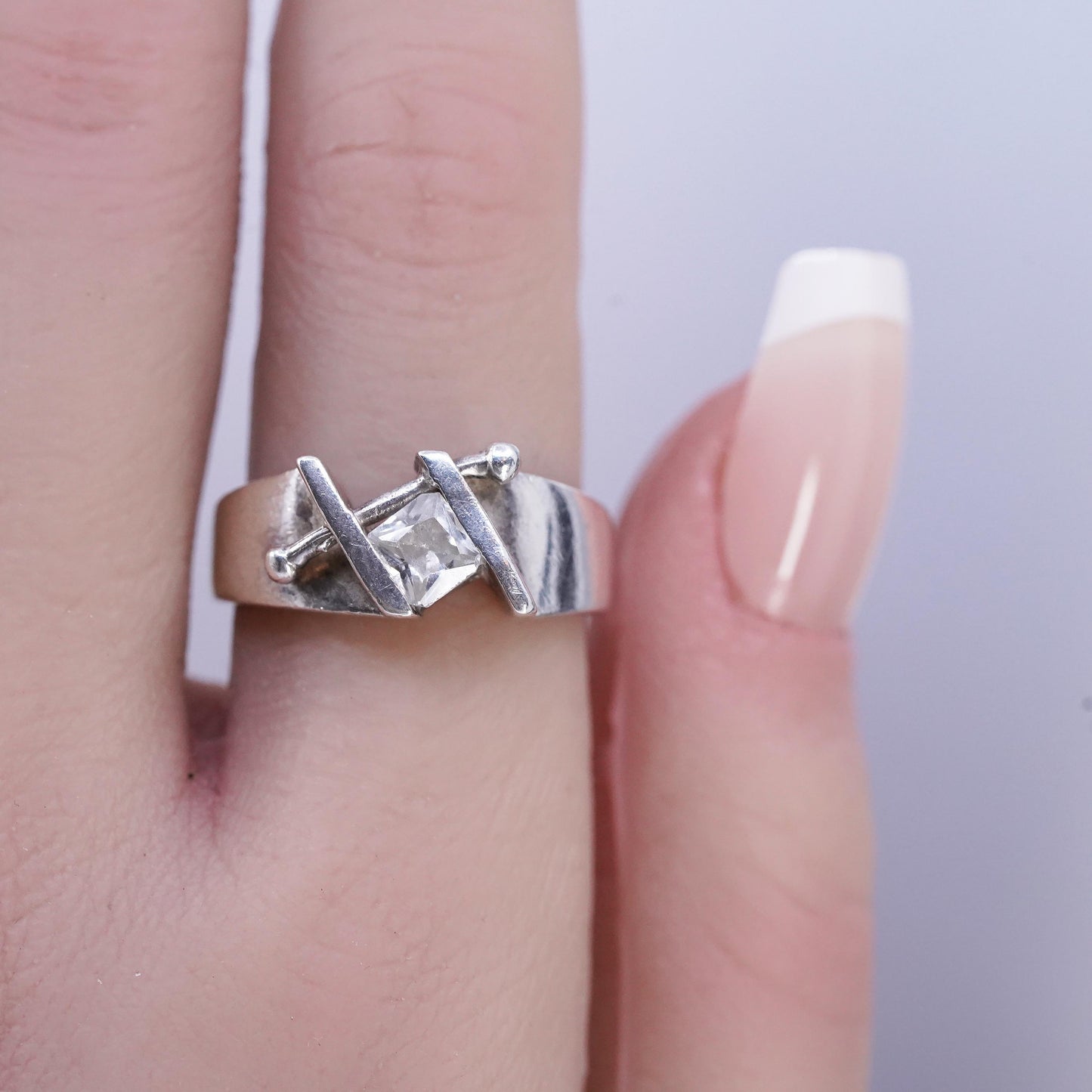 Size 7.25, vintage Sterling 925 silver handmade statement ring with square Cz