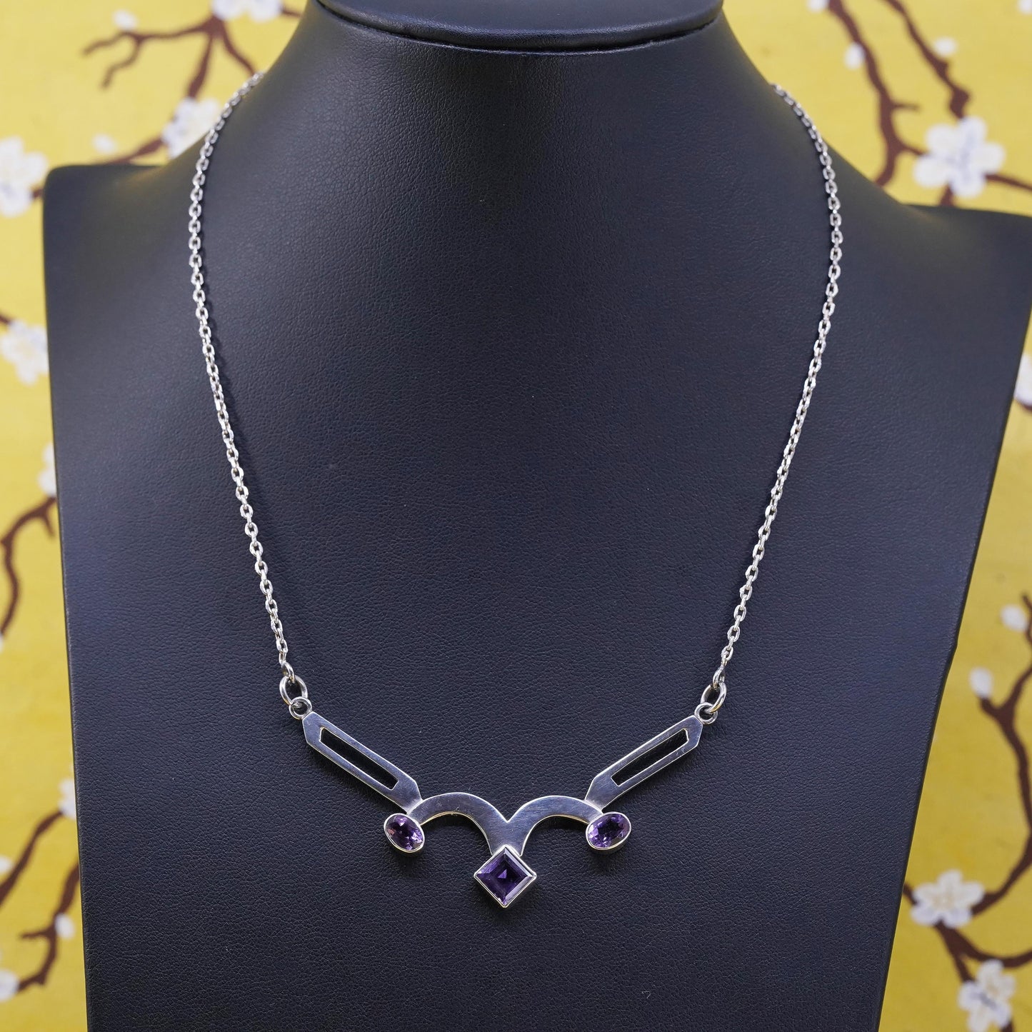 16", vintage sterling silver necklace, 925 circle chain with amethyst pendant