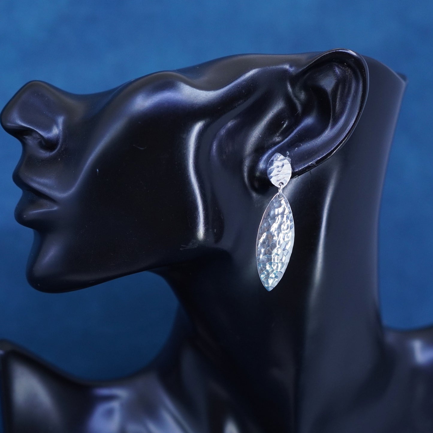 Vintage sterling silver handmade earrings, 925 hammered marquise shaped drops