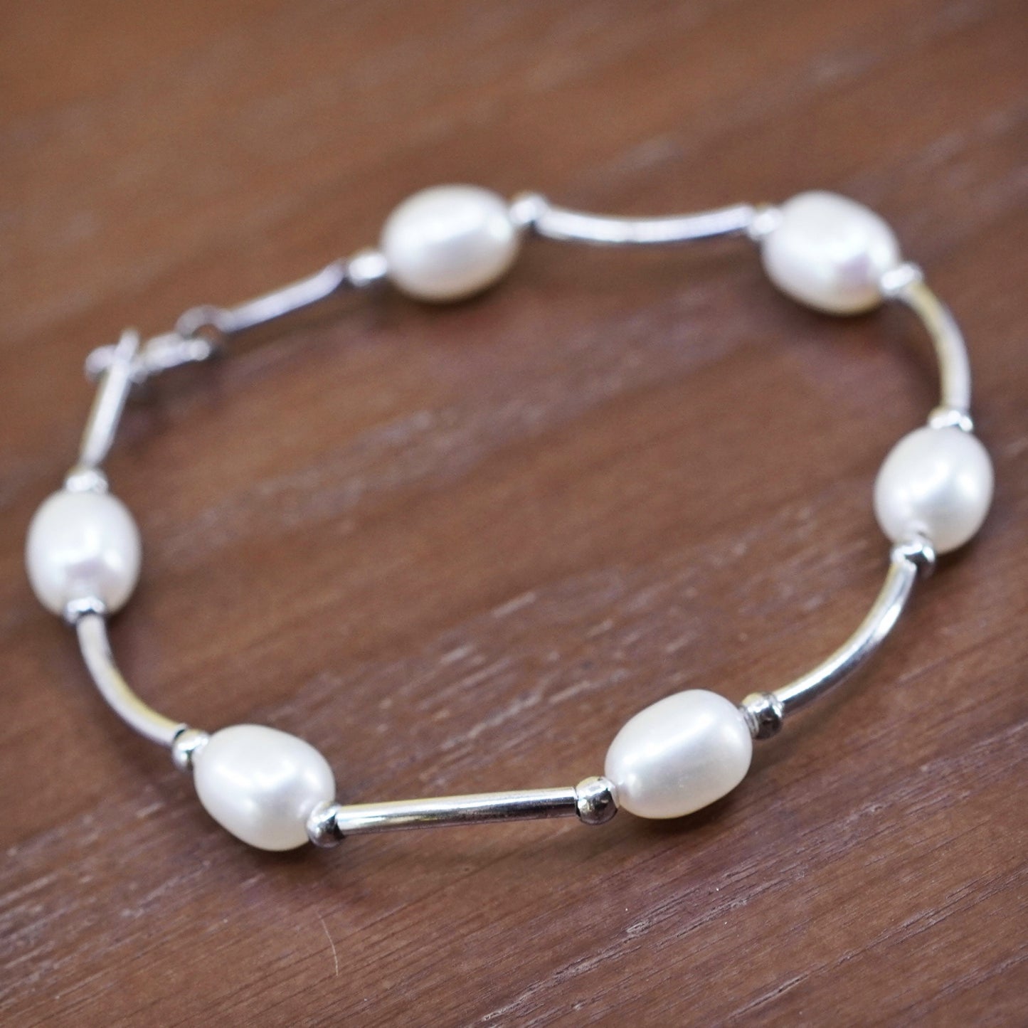 7”, Sterling silver bracelet, 7-8mm freshwater pearl beads chain with 925 clasp
