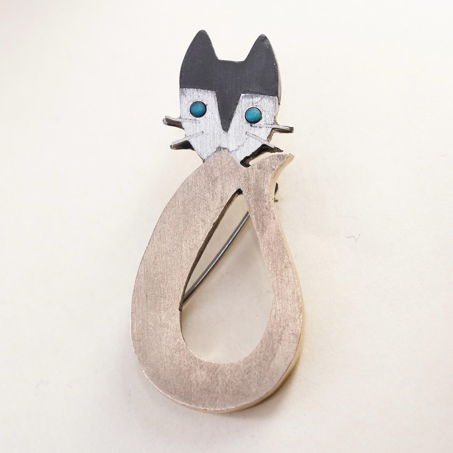 Mexican Hecho en two tone sterling silver pendant, 925 Aztec cat kitty brooch
