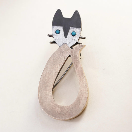 Mexican Hecho en two tone sterling silver pendant, 925 Aztec cat kitty brooch