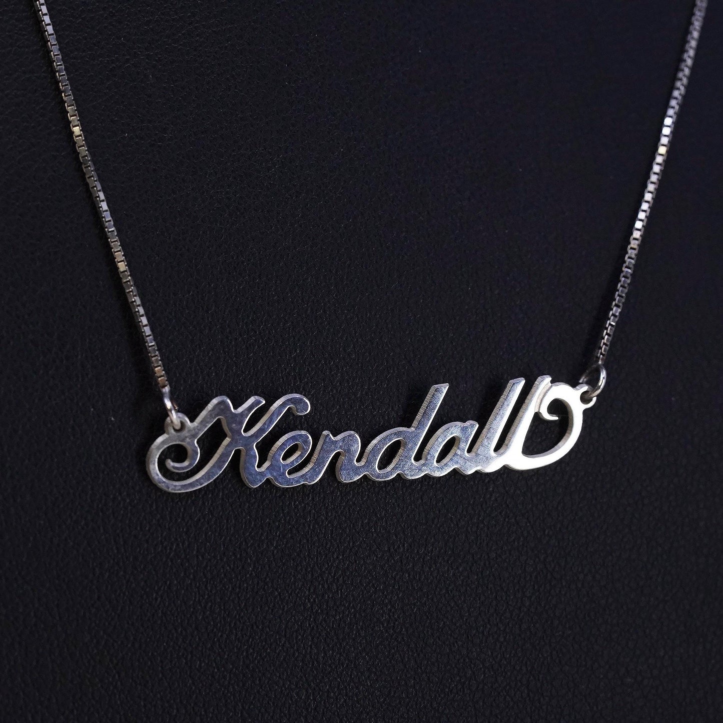18", vintage sterling silver handmade necklace, box chain name Kendall pendant