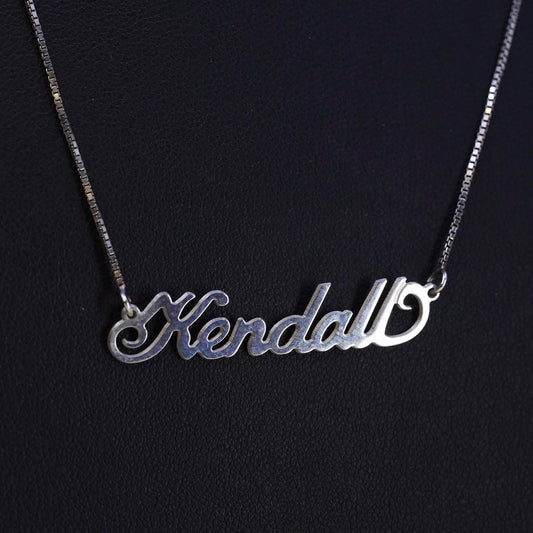 18", vintage sterling silver handmade necklace, box chain name Kendall pendant