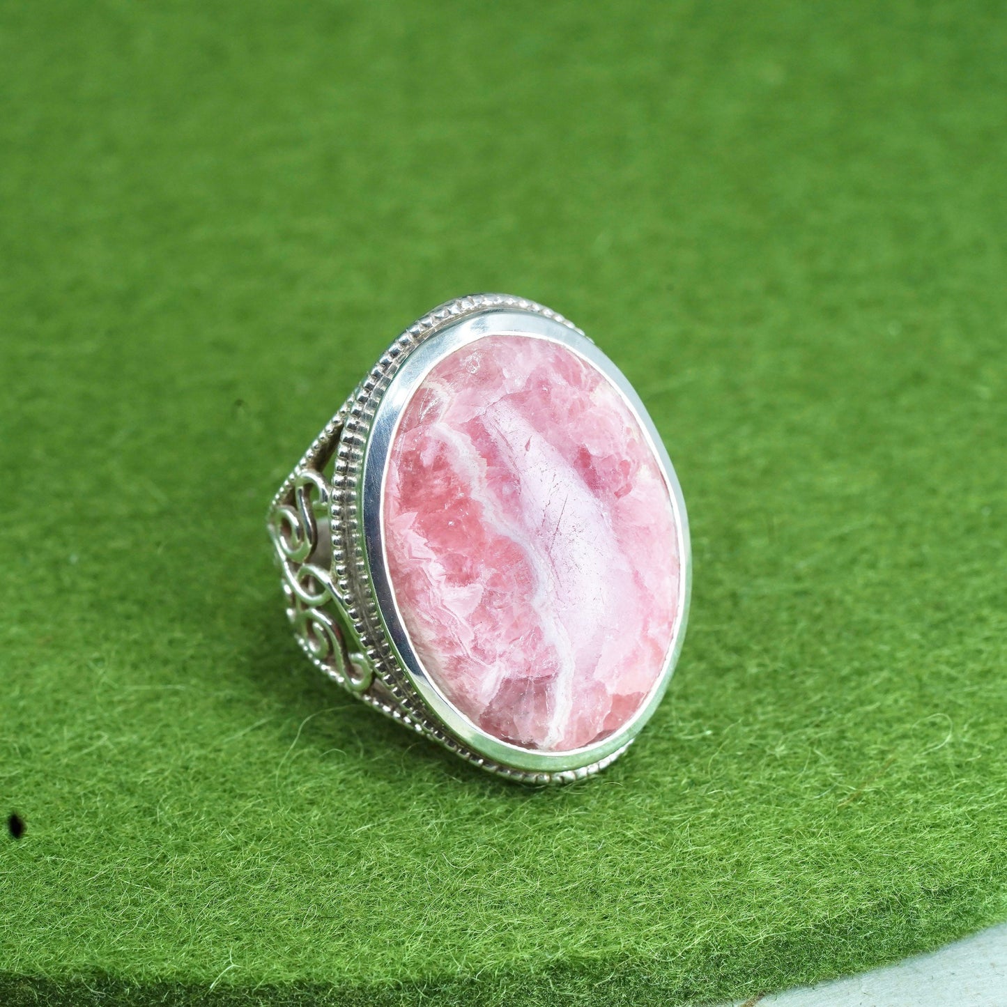 Size 9, Vintage sterling silver ring, filigree 925 ring pink Rhodochrosite