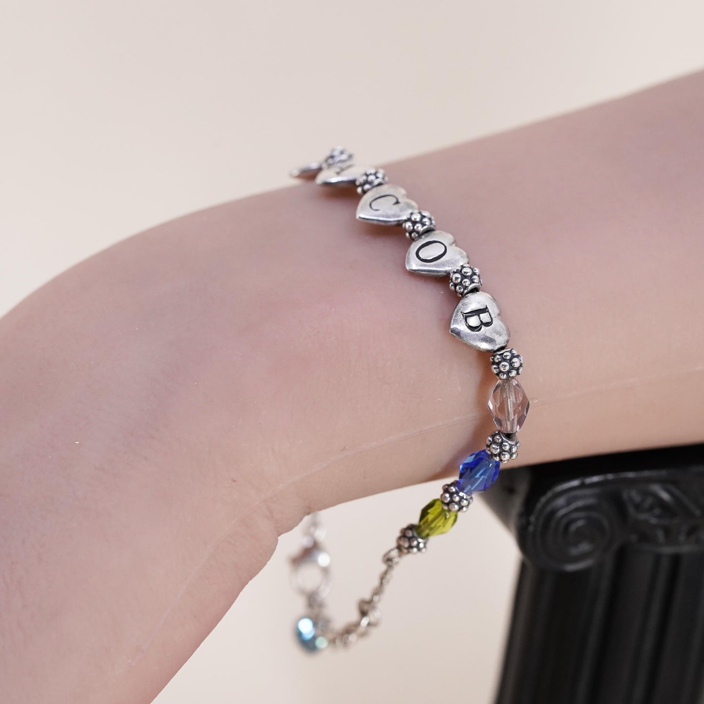 7+1”, Lenox USA Sterling silver bracelet, 925 name Jacob heart charm crystal
