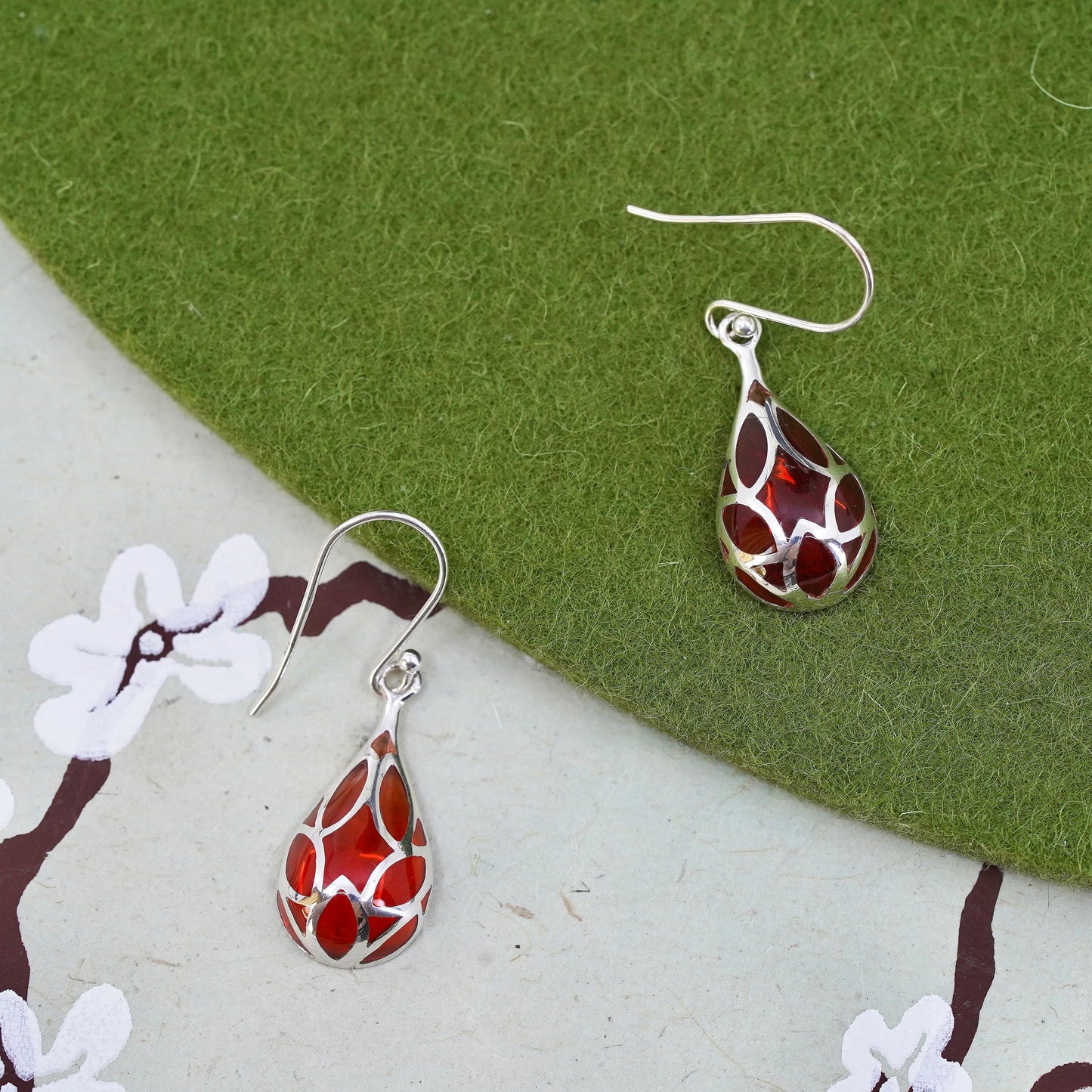 Vintage sterling 925 silver handmade teardrop earrings with red resin inlay