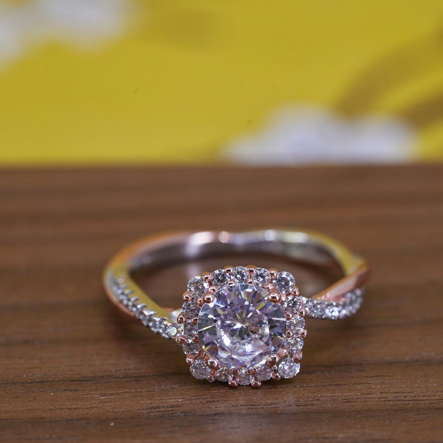 Size 7.5, vermeil rose gold Sterling 925 silver engagement ring cluster cz