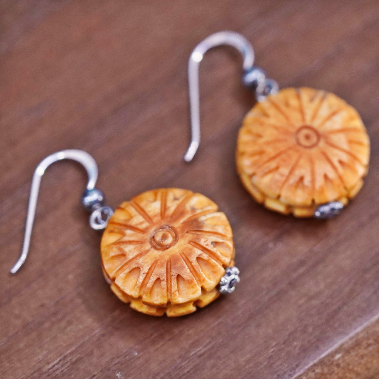 Vintage sterling silver handmade earrings with carved flower dangles