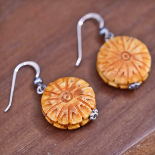 Vintage sterling silver handmade earrings with carved flower dangles