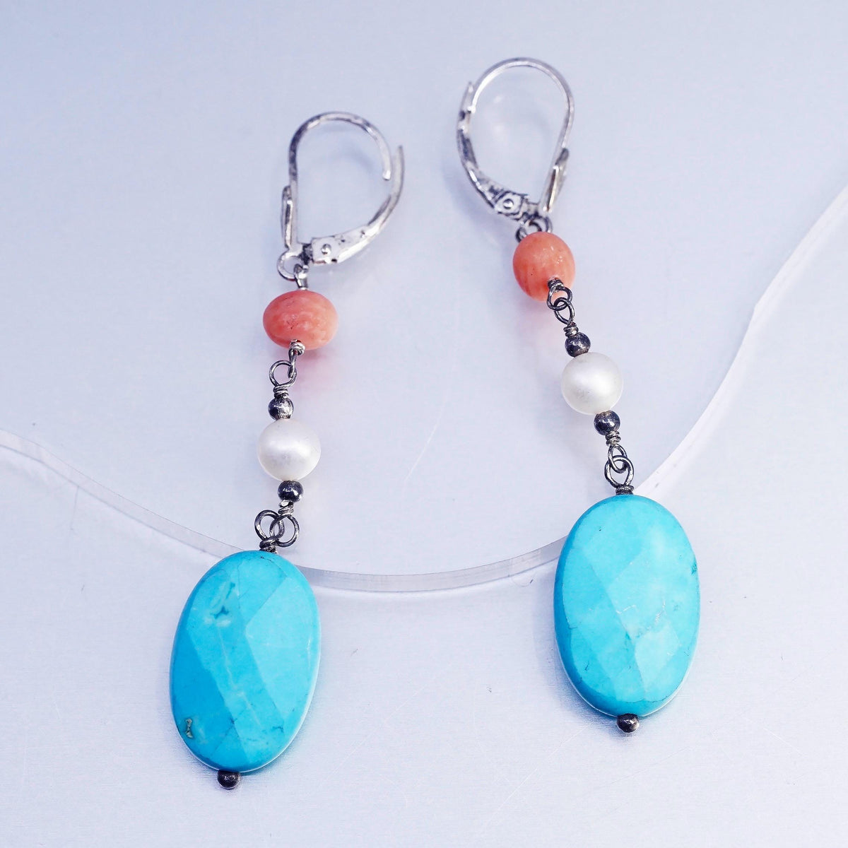 Vintage LUC Sterling 925 silver earrings with turquoise oval pearl beads