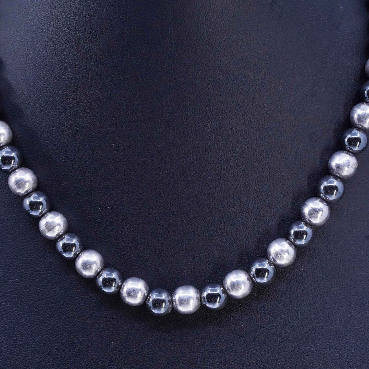16" 8mm, Vintage Sterling 925 silver handmade necklace with hematite beads