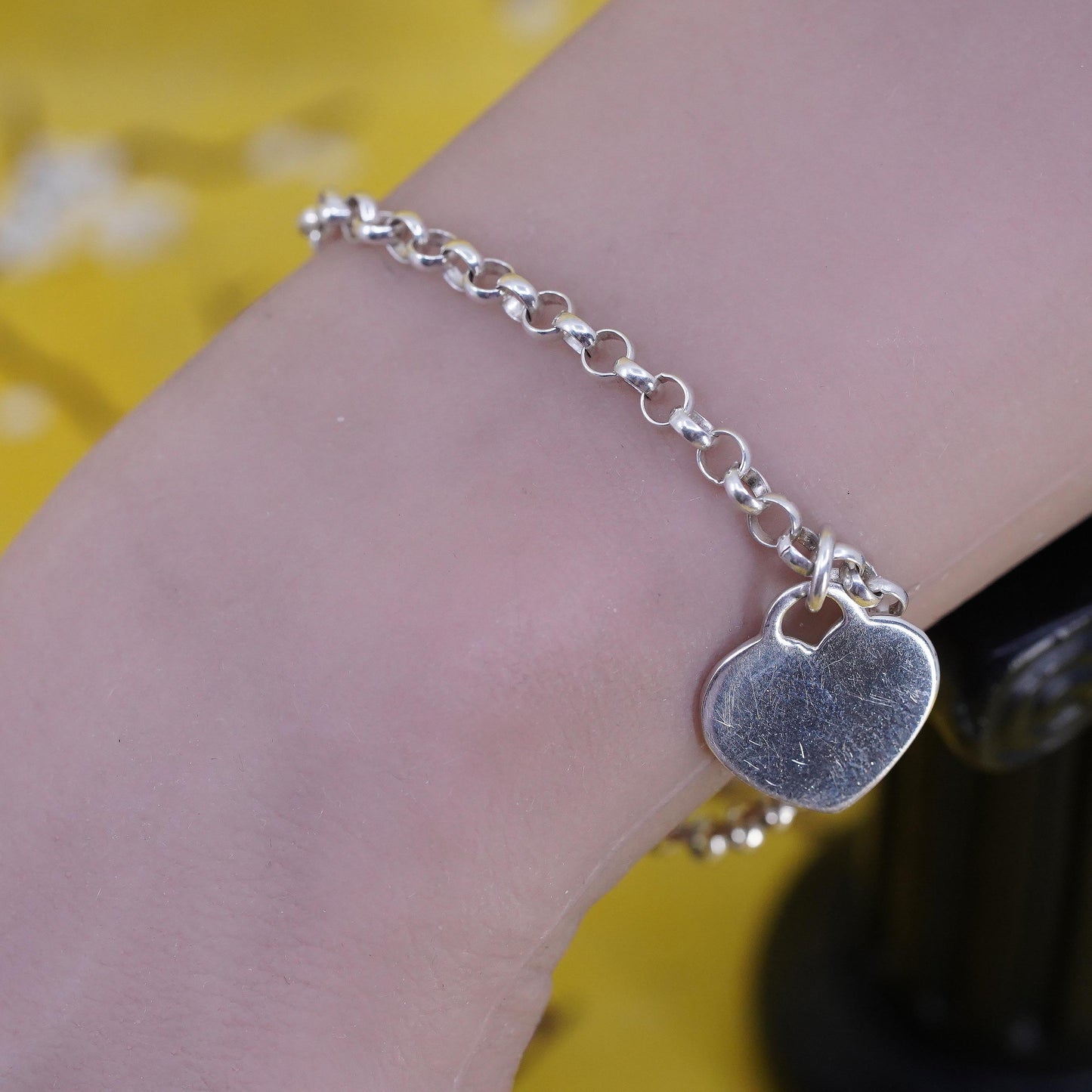 7” 4mm, vintage AERO Sterling silver bracelet, 925 circle chain w/ heart charm