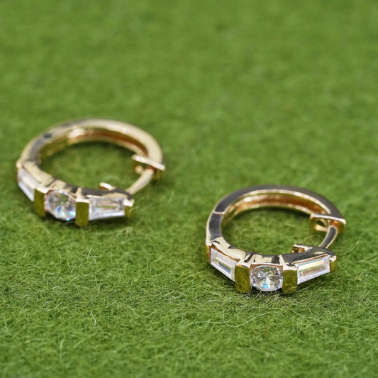 0.5”, Vintage vermeil gold over sterling silver earrings, 925 hoops, huggie cz