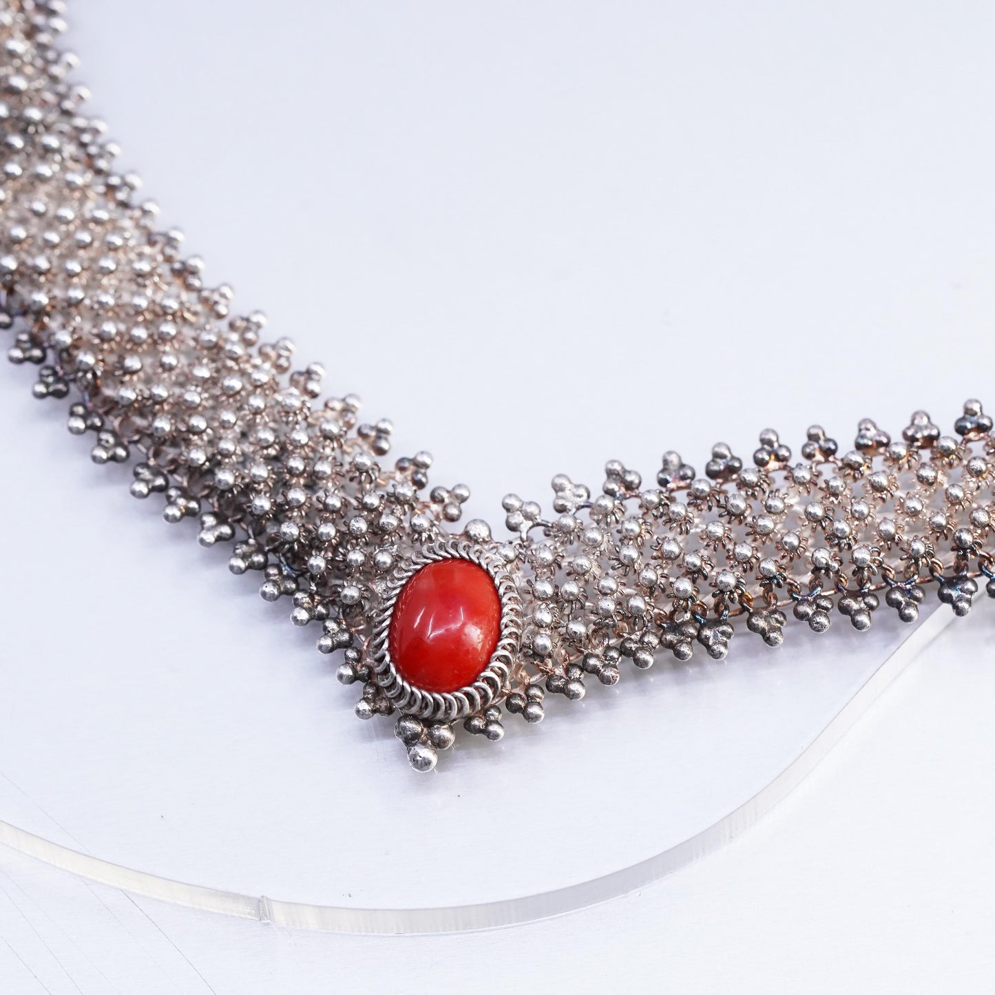 16" Italian Sterling 925 silver wide beaded chain necklace red onyx pendant