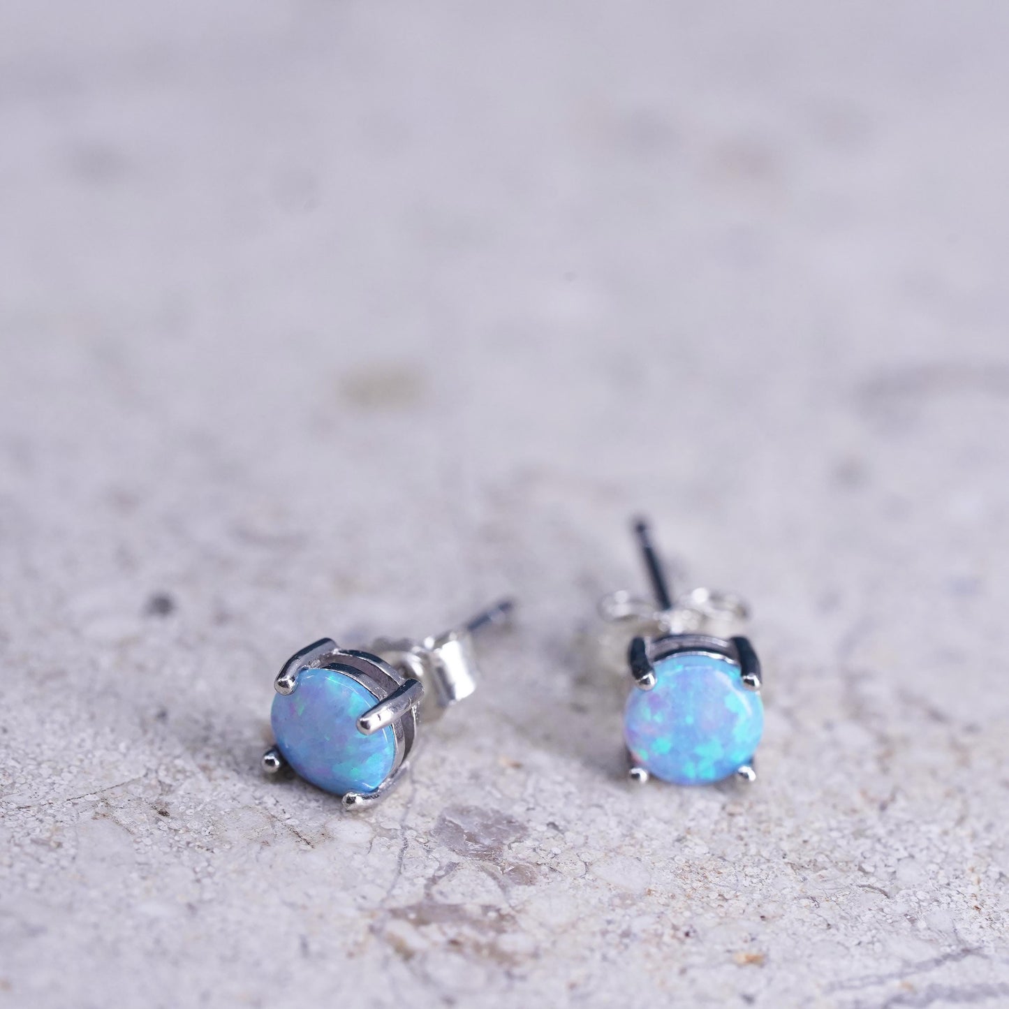 Vintage sterling silver handmade earrings, 925 round studs with opal
