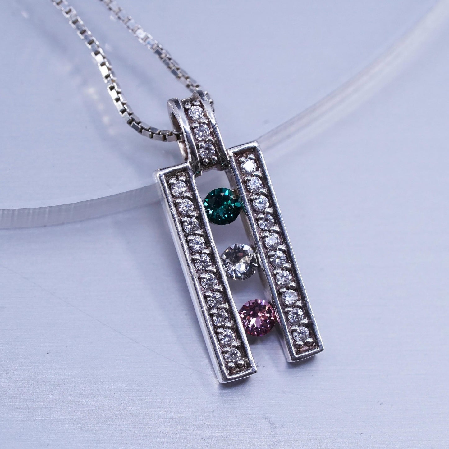 18+2”, vintage Sterling 925 silver box chain necklace with crystal pendant