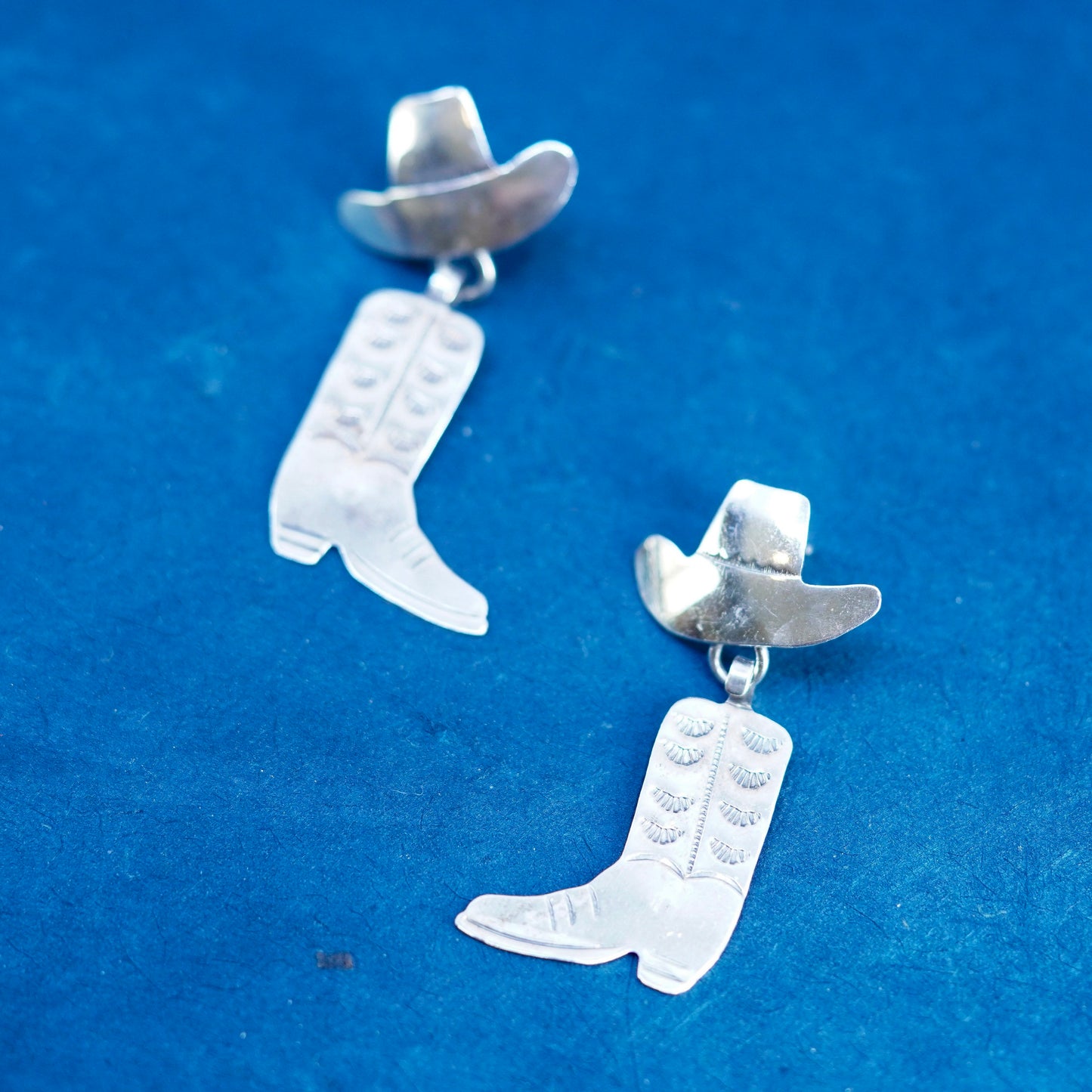 Native American sterling silver handmade earrings, 925 hat and boots drops