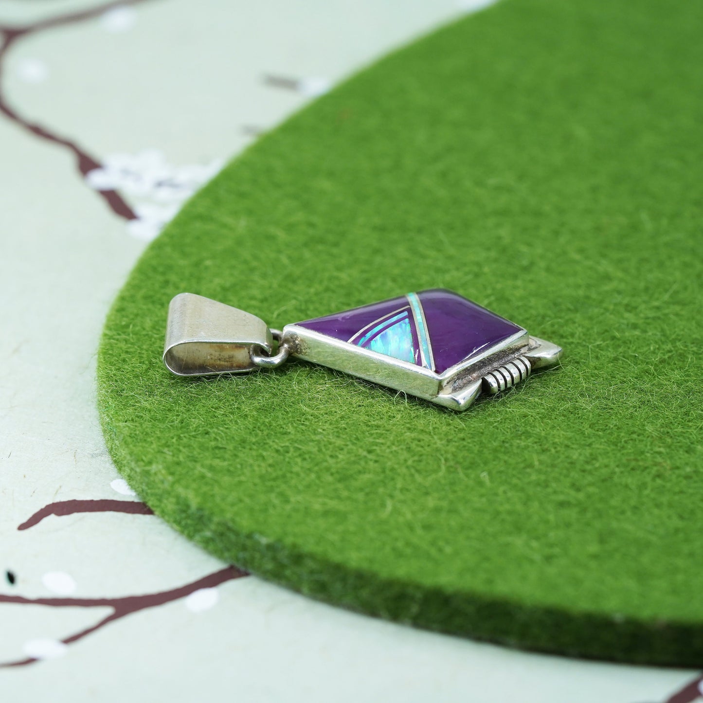 Native American zuni Sterling silver pendant, 925 teardrop w/ opal purple onyx