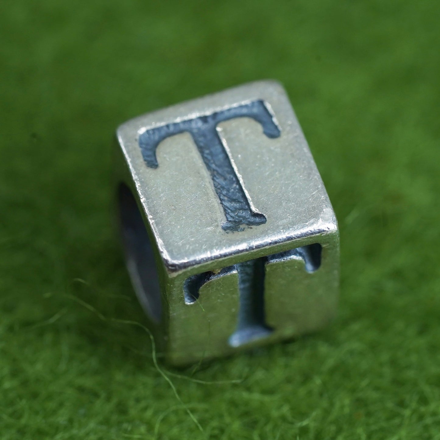 Vintage sterling silver handmade pendant, 925 cube charm engraved letter “T”